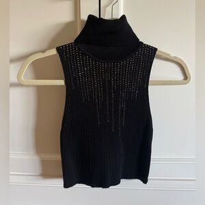Black Sleeveless Turtleneck with Rhinestone Detail